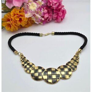 Vintage Gold Tone Curved Bar Necklace Black Velvet Cord Checker Pattern 16"